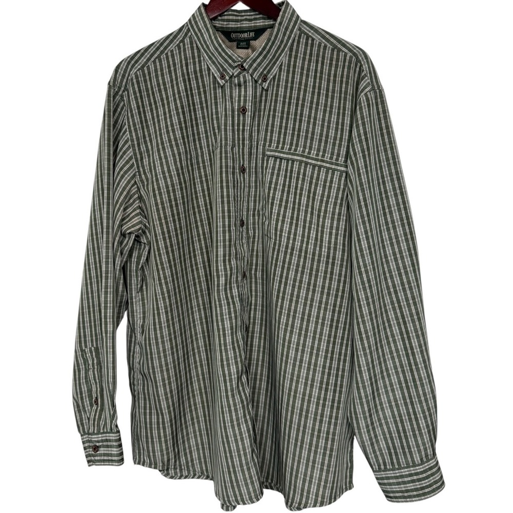 Outdoor Life Mens XL Green Plaid Long Sleeve Button Down Shirt Mesh Lined Pocket